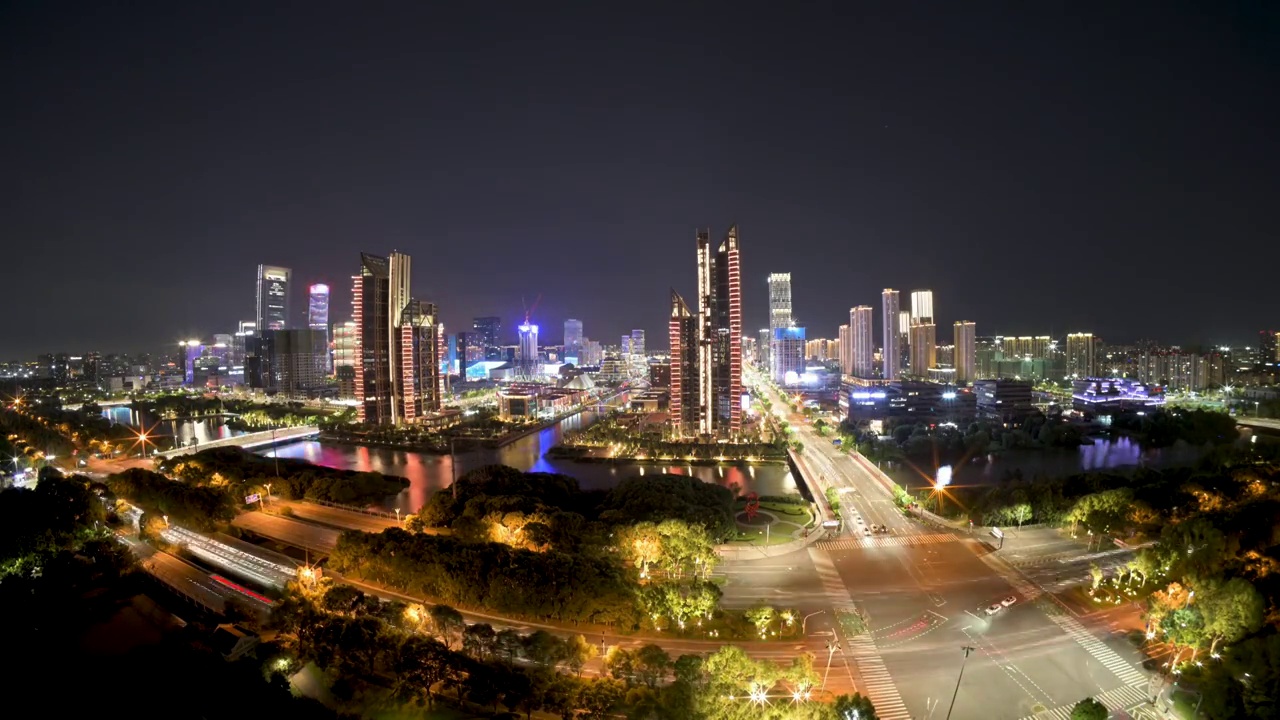 宁波，东部新城，夜景，延时，4K，银行，金融视频素材