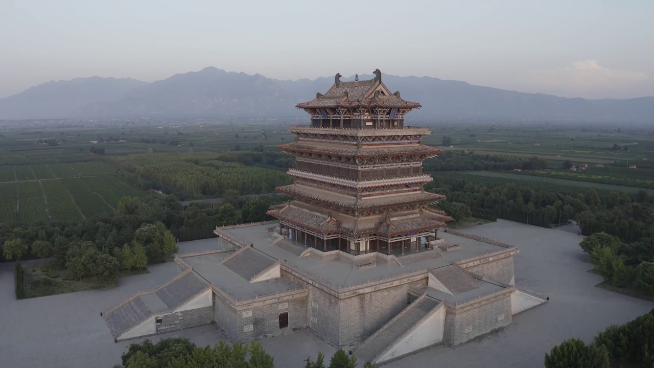 宝源老醋坊永济鹳雀楼,日落,永济,山西省,无人视频素材