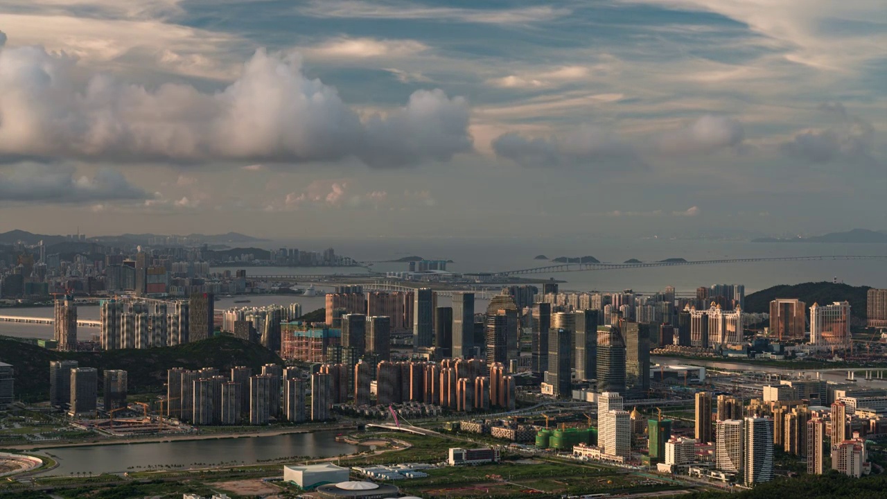 粤港澳大湾区澳门与珠海横琴天际线城市风光白昼延时视频素材