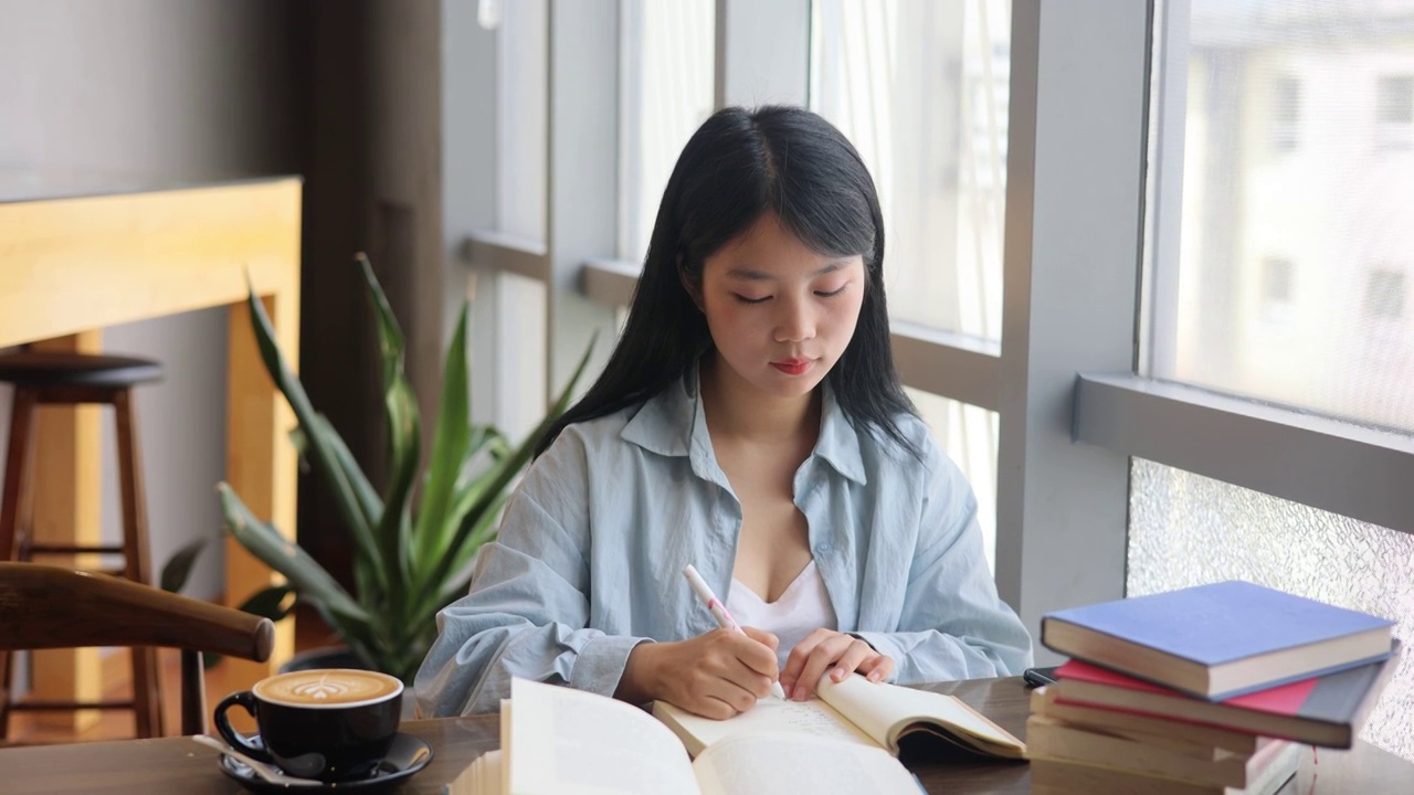 女大学生在书桌前学习视频素材