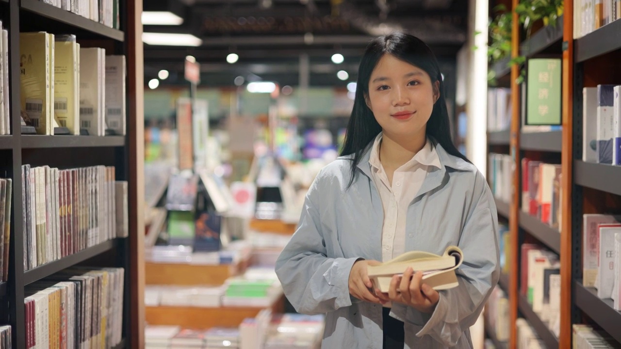 女大学生在图书馆站着的肖像视频素材