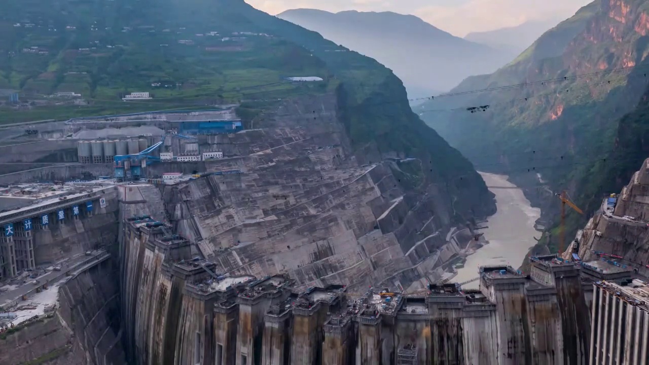 白鹤滩水电站建设过程固定机位延时摄影视频素材