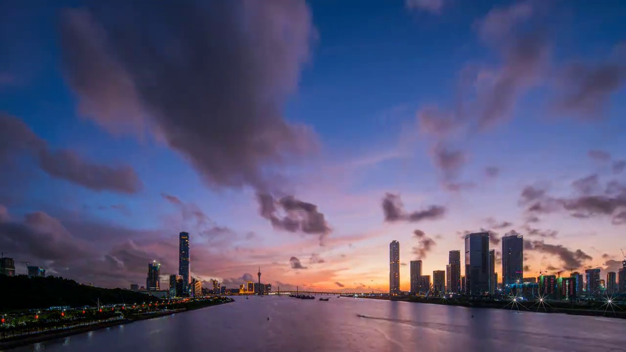 珠海横琴商务区-澳门滨水城市天际线视频素材