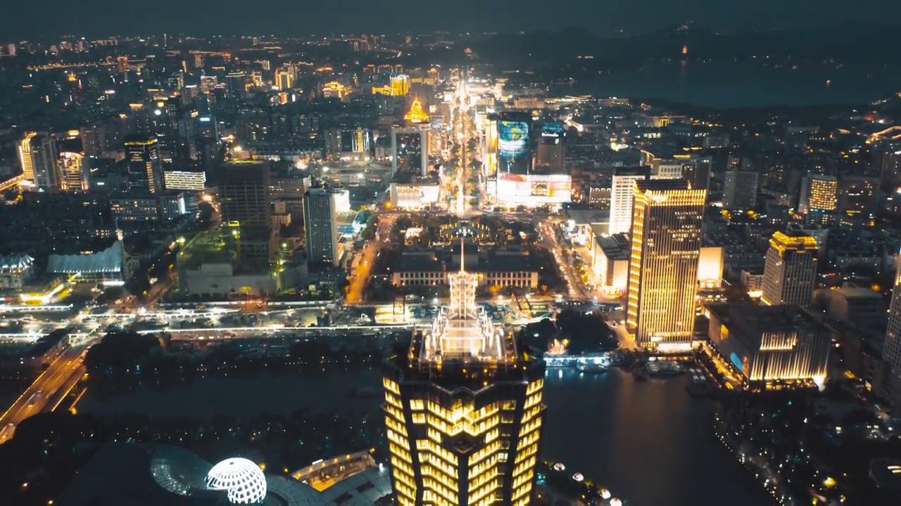 夜晚的杭州市区航拍视频素材