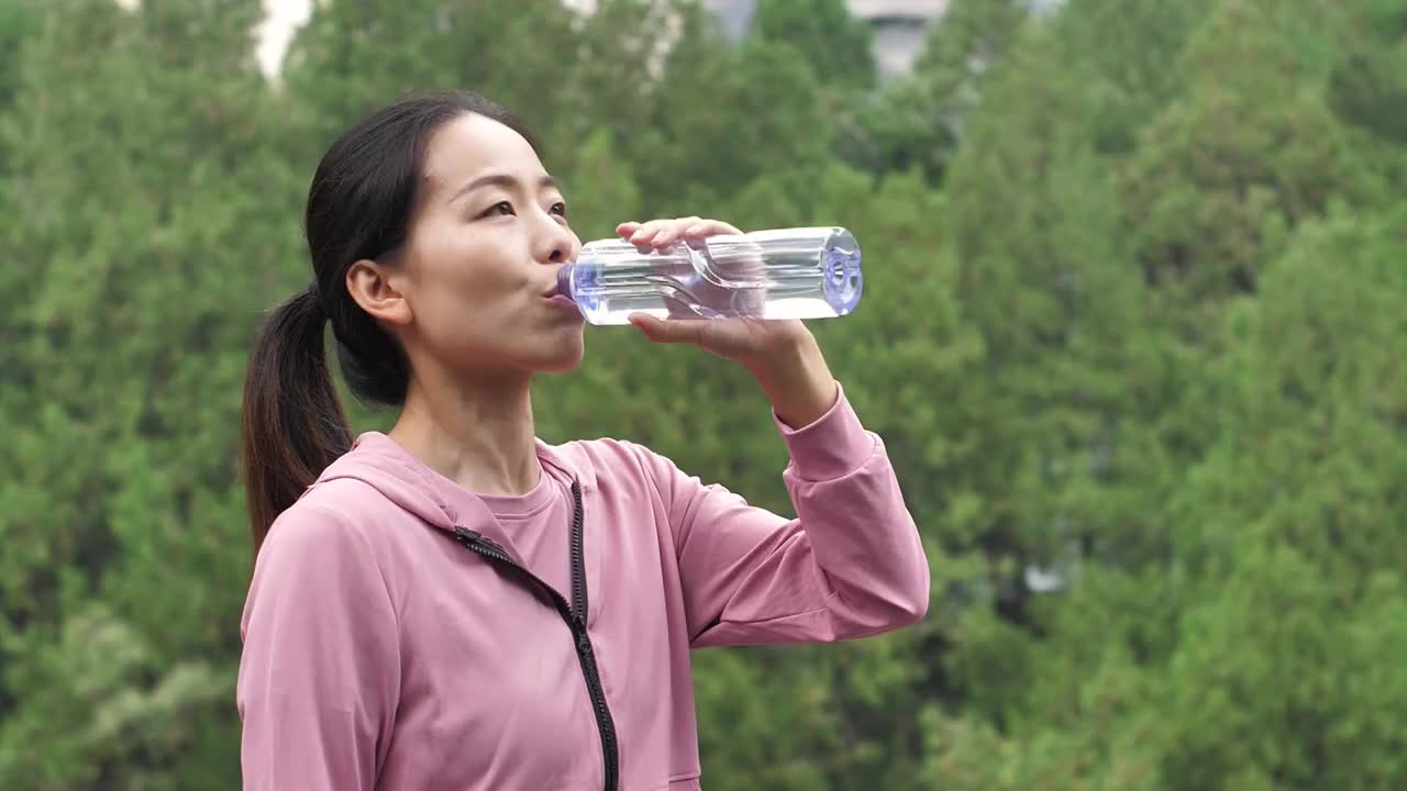 亚洲中国人女性在户外森林大自然喝水饮用水视频素材