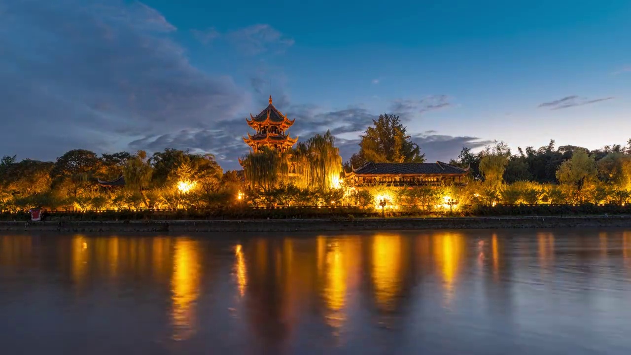 夏季成都望江楼景区日落黄昏夜晚风景延时视频下载