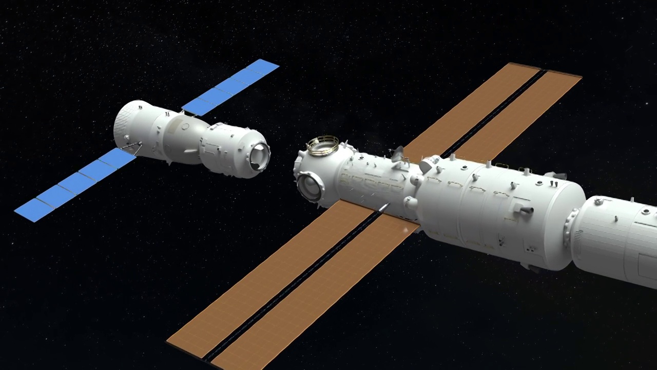 神舟十二号载人飞船对接空间站模拟动画视频素材