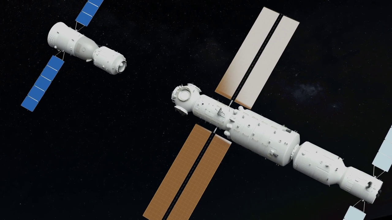 神舟十三号载人飞船对接空间站模拟动画视频素材