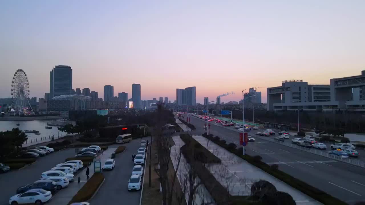 航拍青岛西海岸城市风光和夕阳日落视频素材