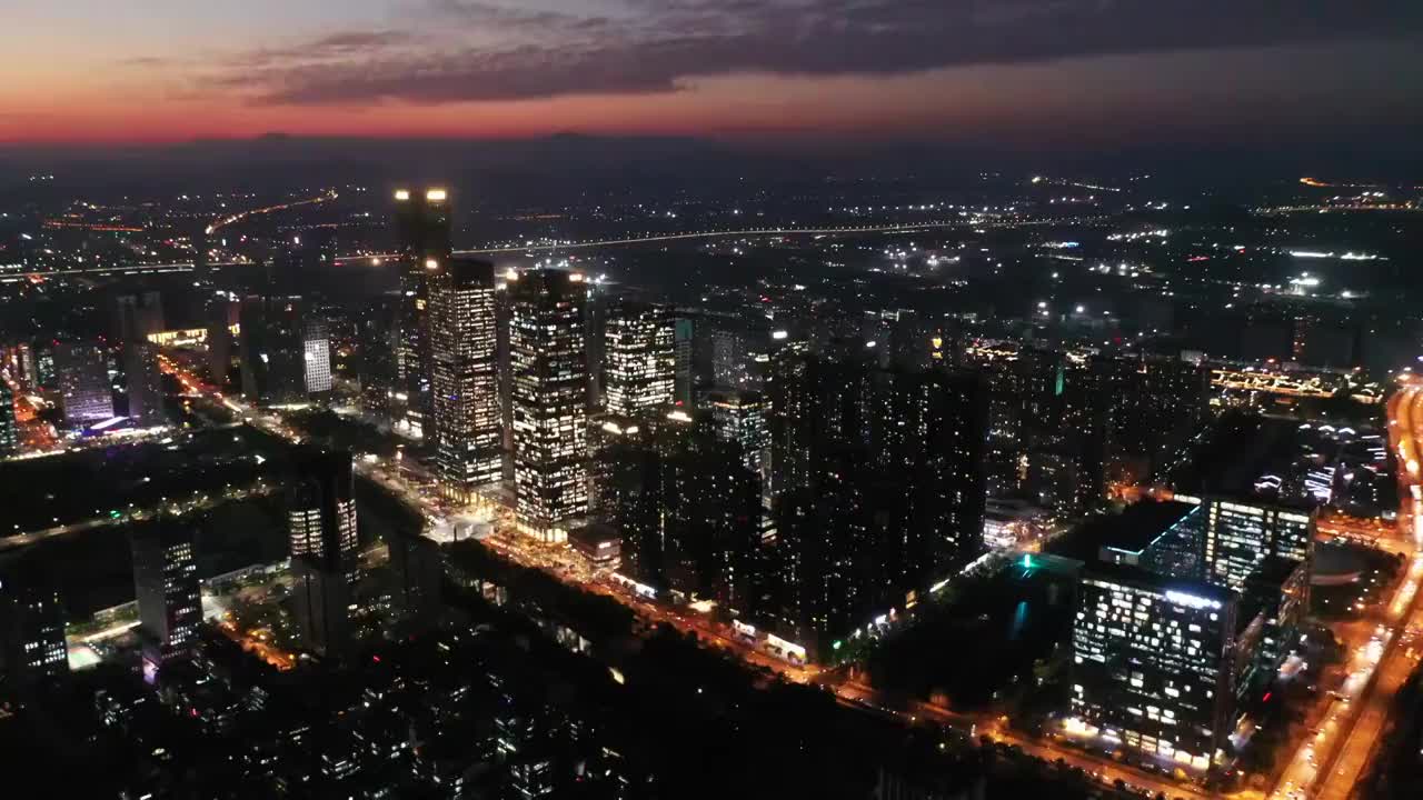 杭州未来科技城黄昏夜景航拍视频素材