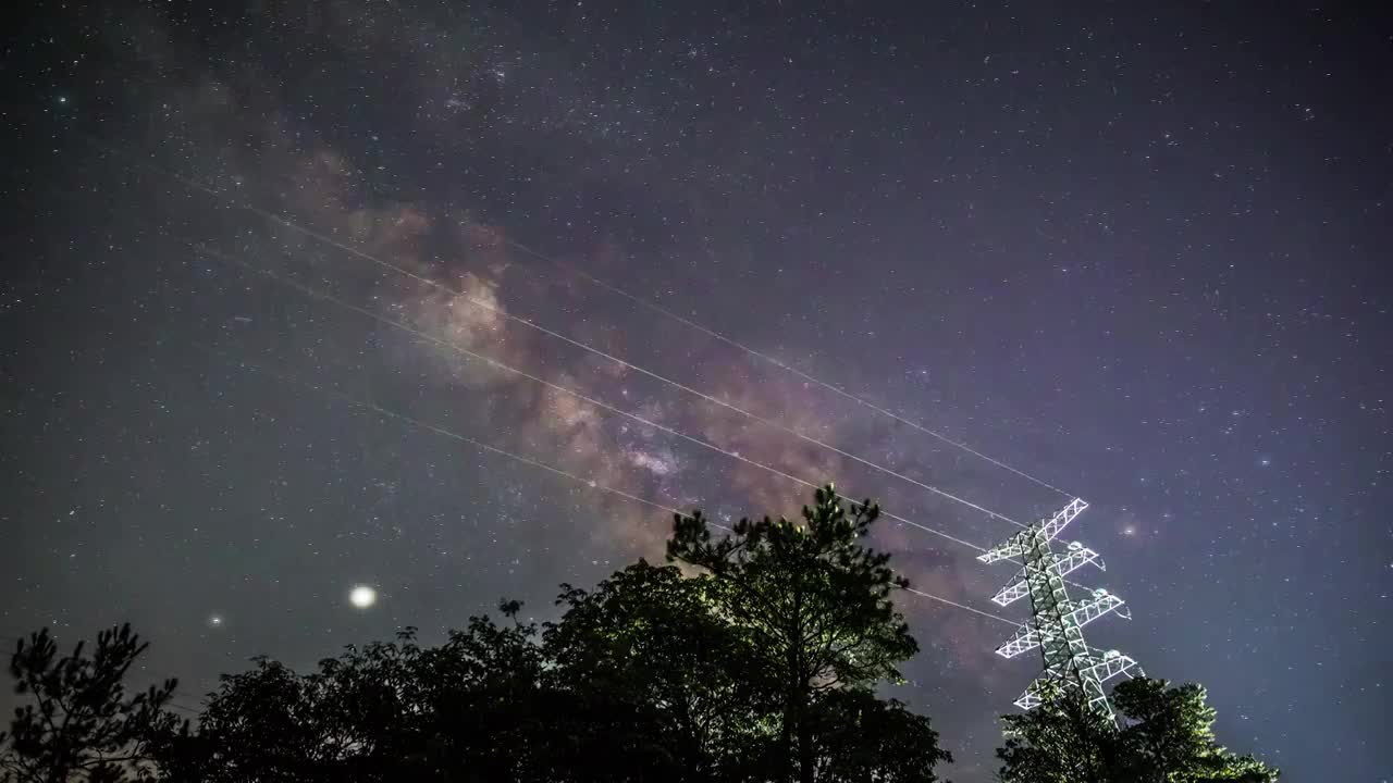 银河星空下的电网,铁塔,电力,延时摄影视频素材