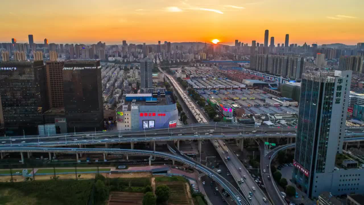 长沙市高桥大市场晚霞夕阳航拍延时摄影视频素材