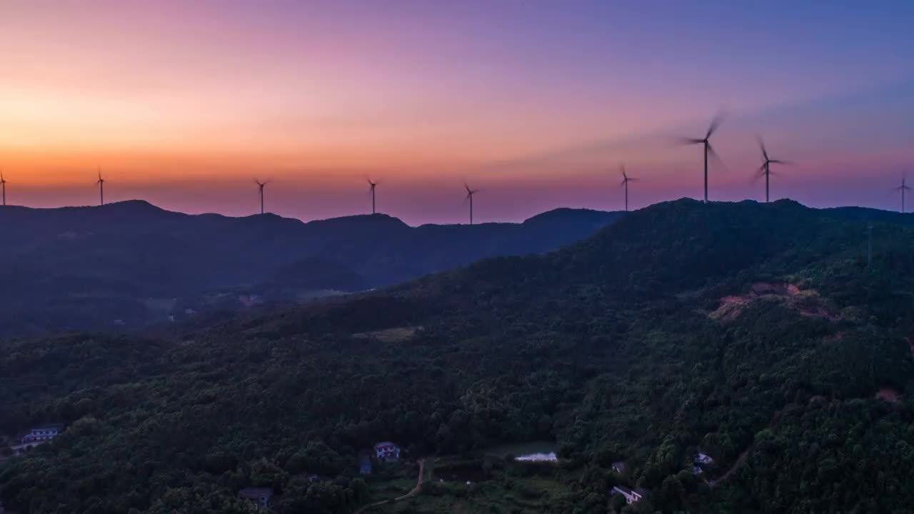 长沙市道林风电场晚霞夕阳航拍延时摄影视频素材