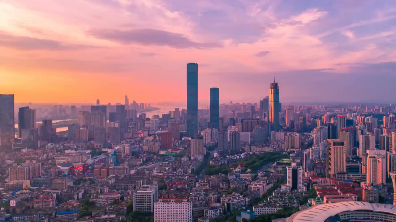 长沙市九龙仓远景晚霞夕阳航拍延时摄影视频素材