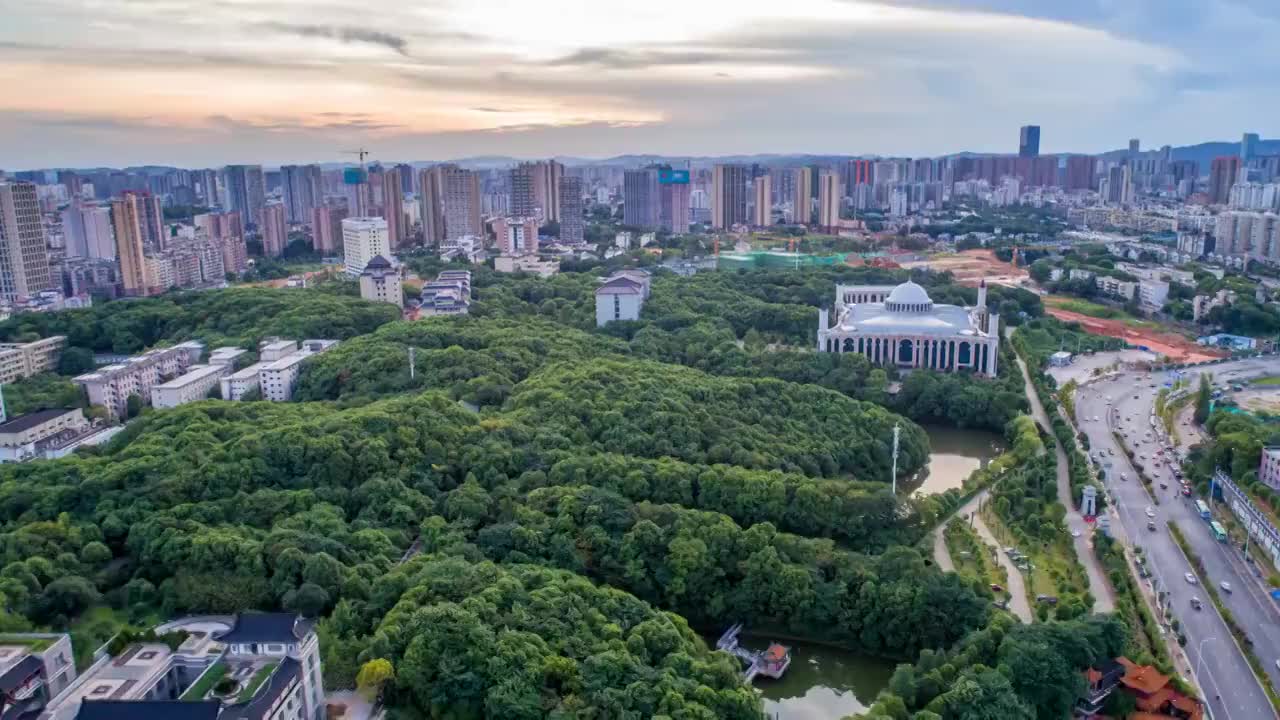 长沙市城南民政学院夕阳航拍延时摄影视频素材