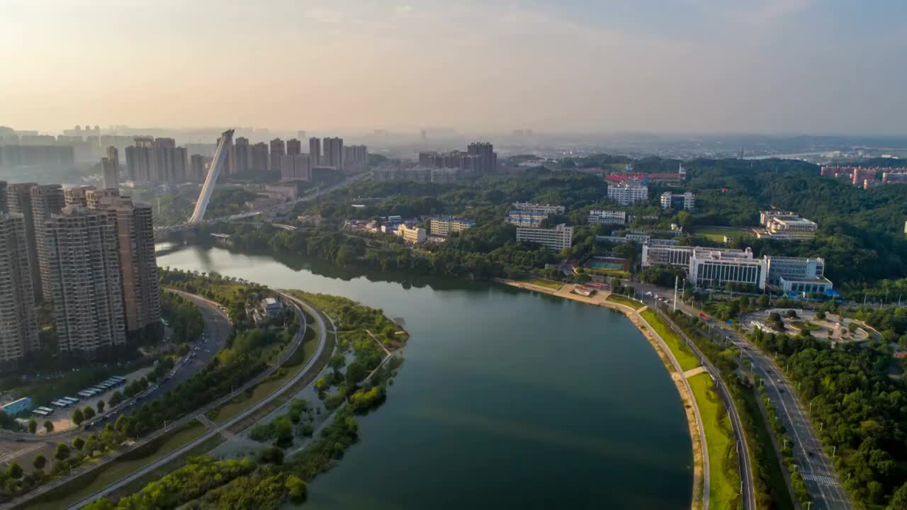 长沙市长沙大学远景夕阳航拍延时摄影视频素材