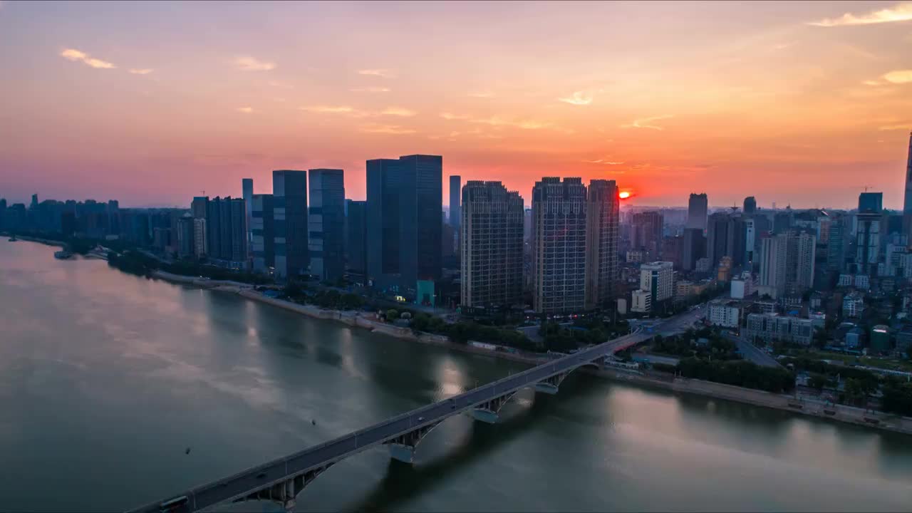 长沙市万达广场朝霞日出航拍延时摄影视频素材