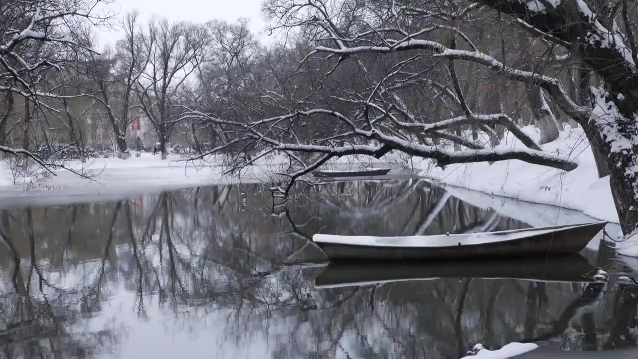 黑龙江省齐齐哈尔市龙沙公园雪景，下雪时湖中小船视频素材