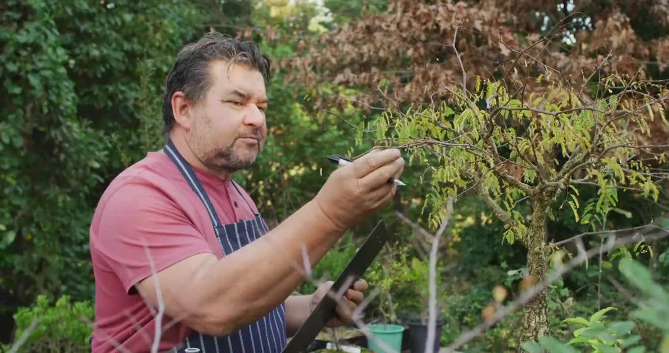 白人男性园丁检查树和做笔记在花园中心视频素材