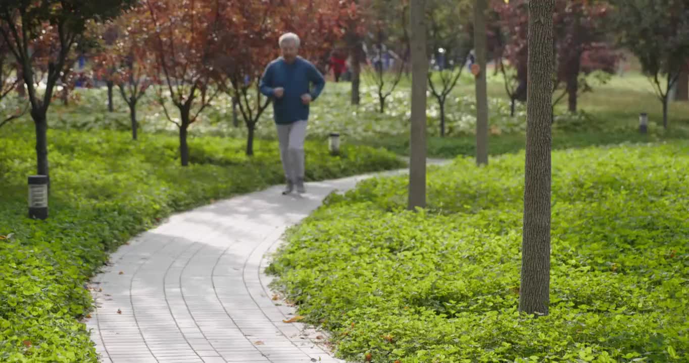 开心的老年男子在公园跑步视频素材