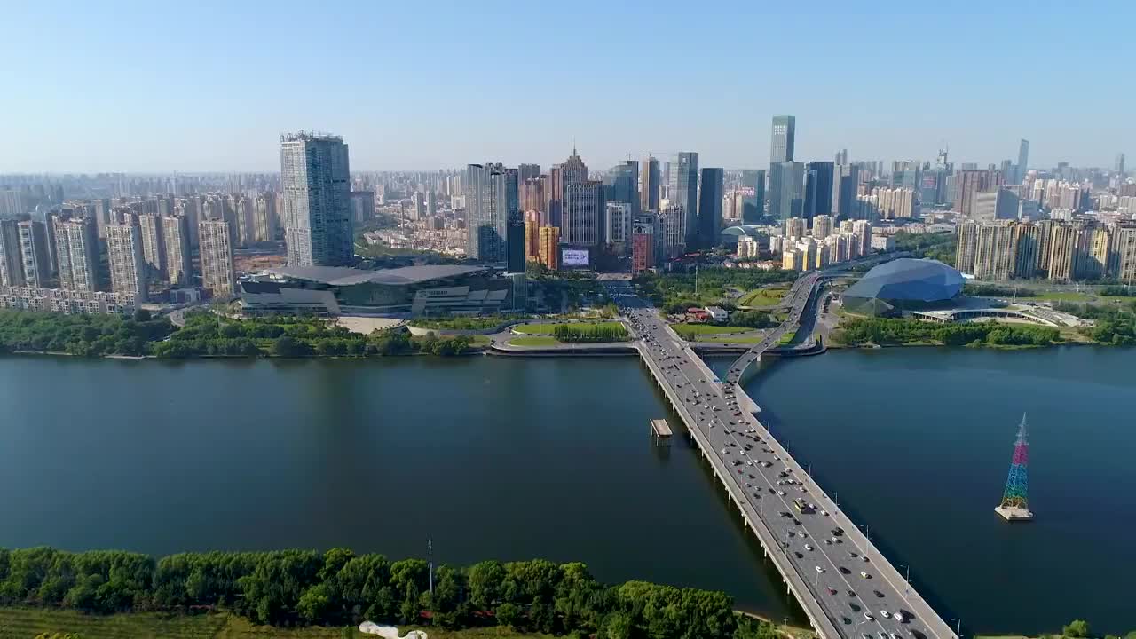 中国辽宁沈阳浑河桥城市夜景航拍视频素材