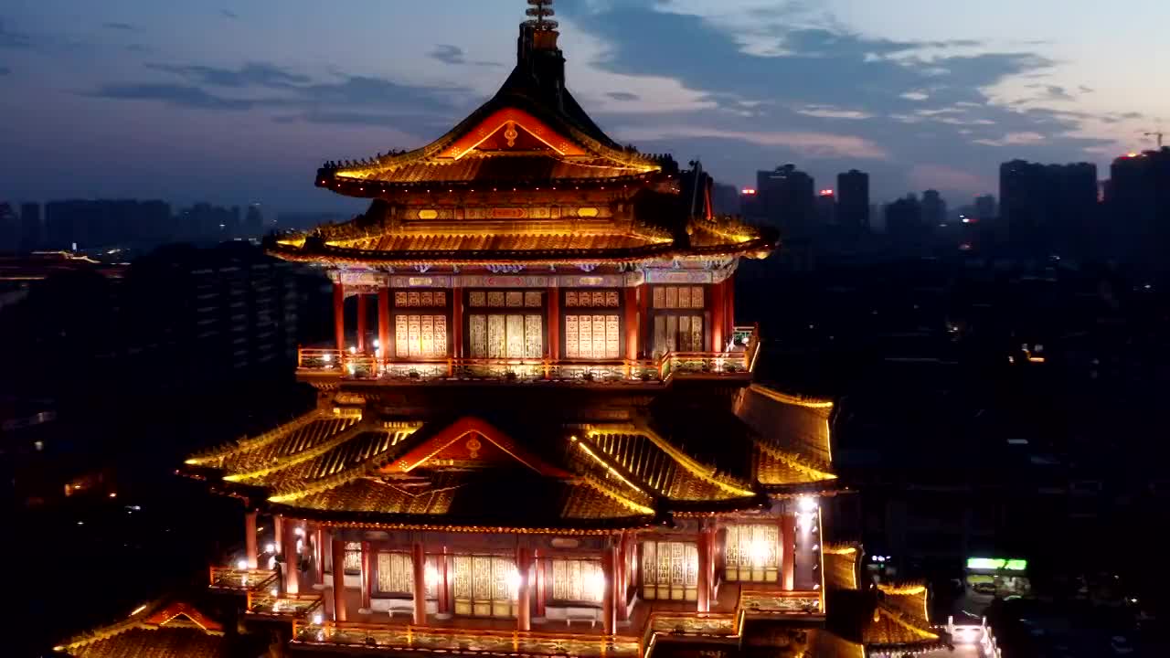 陕西咸阳清渭楼夜景航拍视频素材