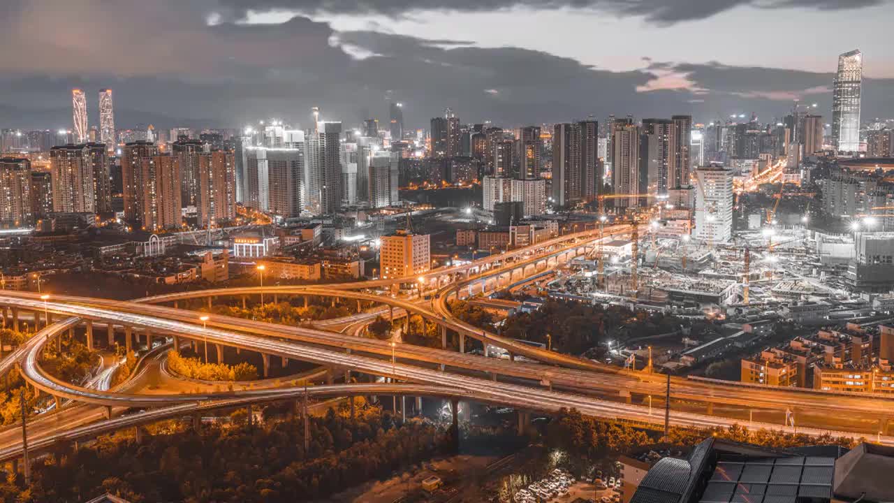 昆明城市夜景风光—菊华立交桥黑金调色延时摄影视频素材