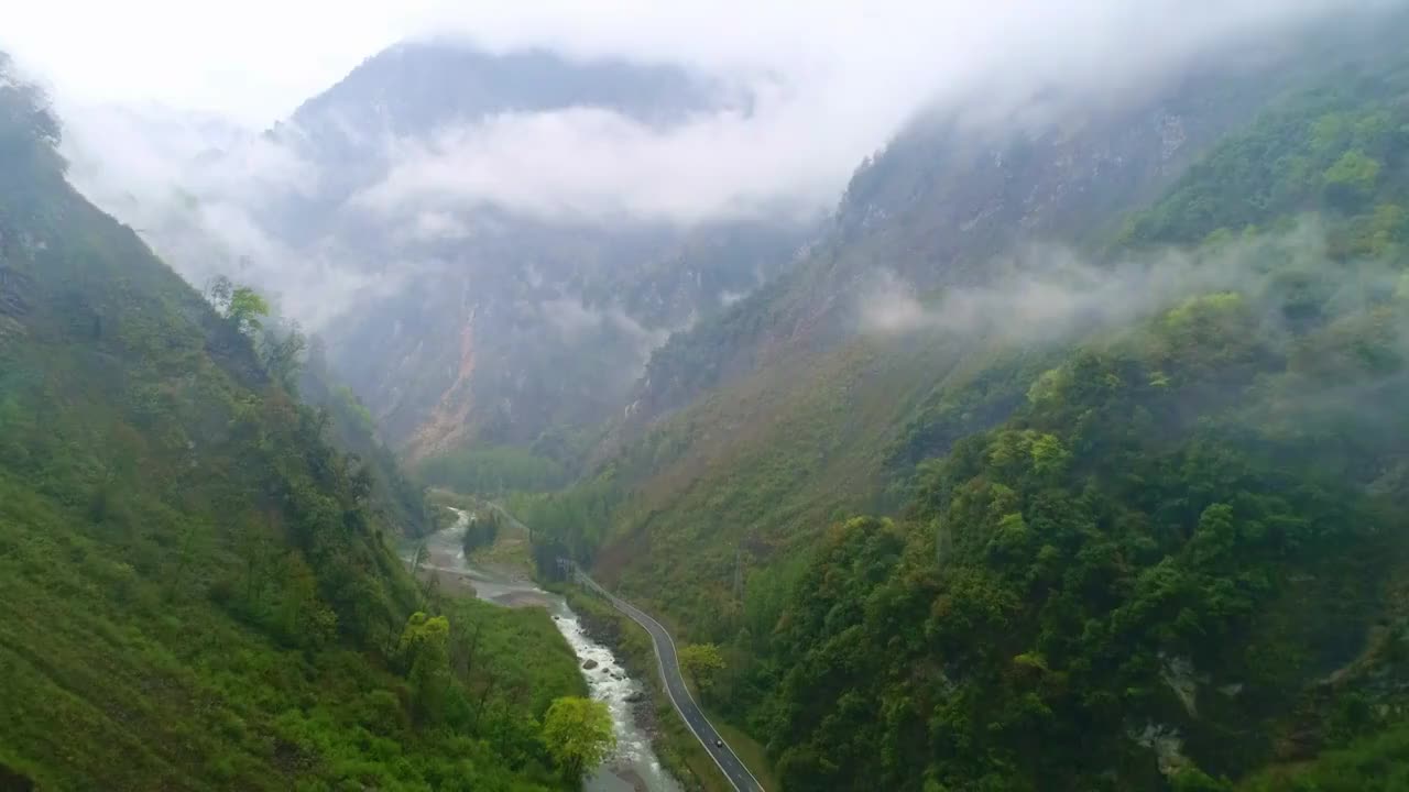 中国四川省卧龙云雾缭绕的山谷视频素材