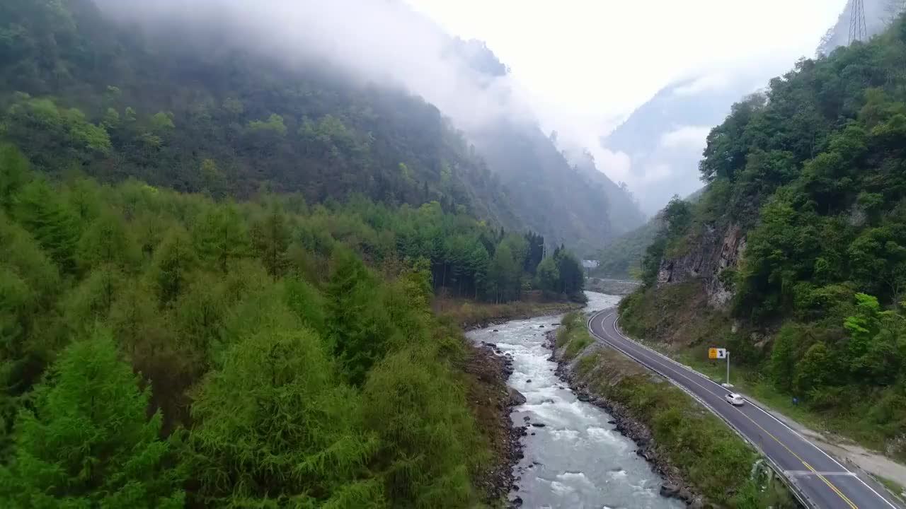 中国四川省卧龙云雾缭绕的山谷视频素材