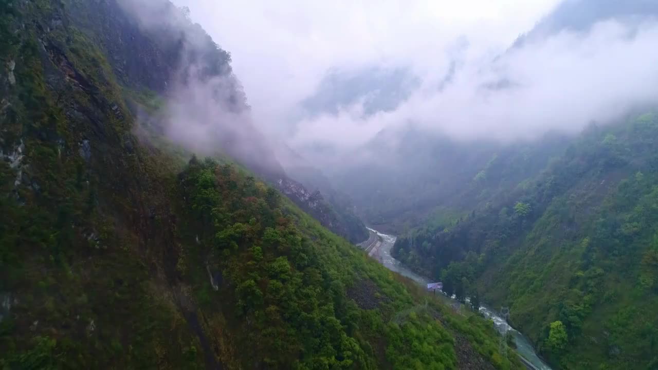 中国四川省卧龙云雾缭绕的山谷视频素材