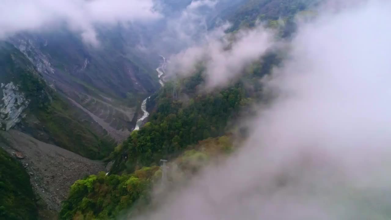 中国四川省卧龙云雾缭绕的山谷视频素材