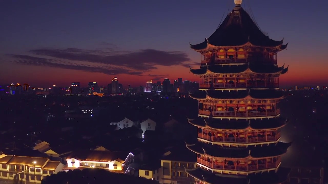 航拍苏州北寺塔报恩寺塔夜景风光视频素材