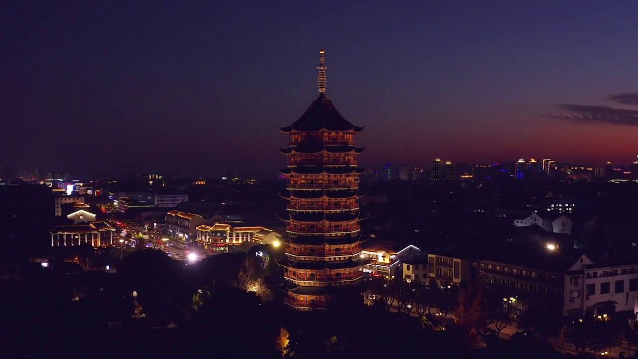 航拍苏州北寺塔报恩寺塔夜景风光视频素材