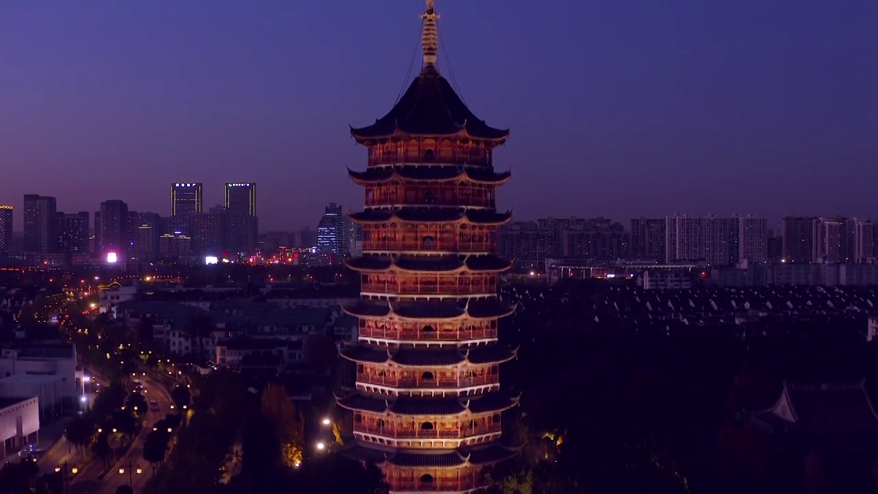 航拍苏州北寺塔报恩寺塔夜景风光视频素材