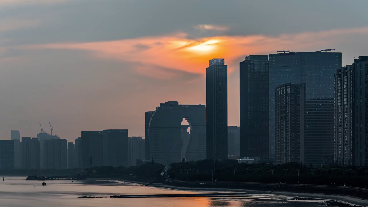 杭州滨江区日出城市剪影视频素材