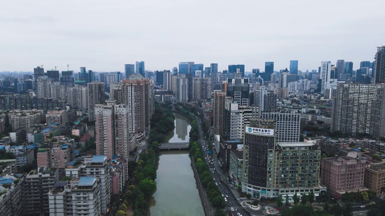 航拍成都锦江沿岸建筑景观视频素材