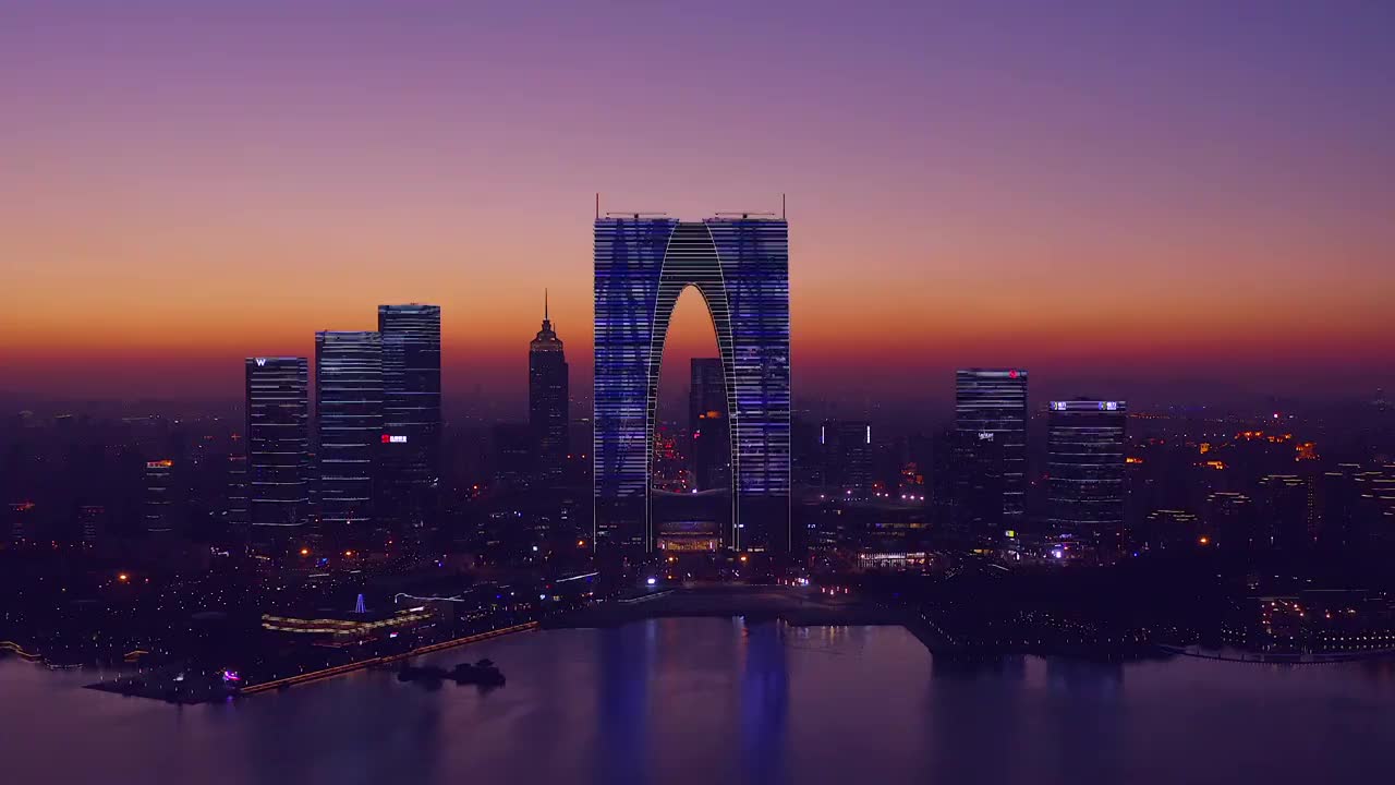 航拍苏州现代滨水城市夜景风光视频素材