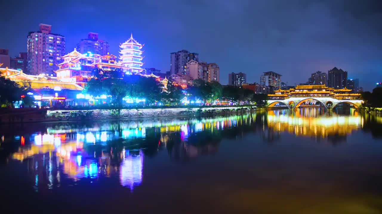 成都锦江廊桥九眼桥实时夜景视频素材