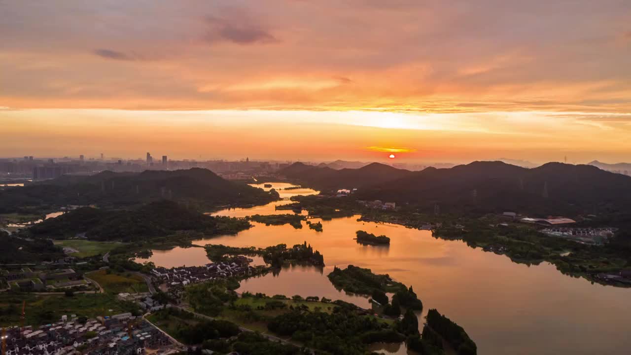 杭州湘湖旅游度假区日出时分航拍视频素材