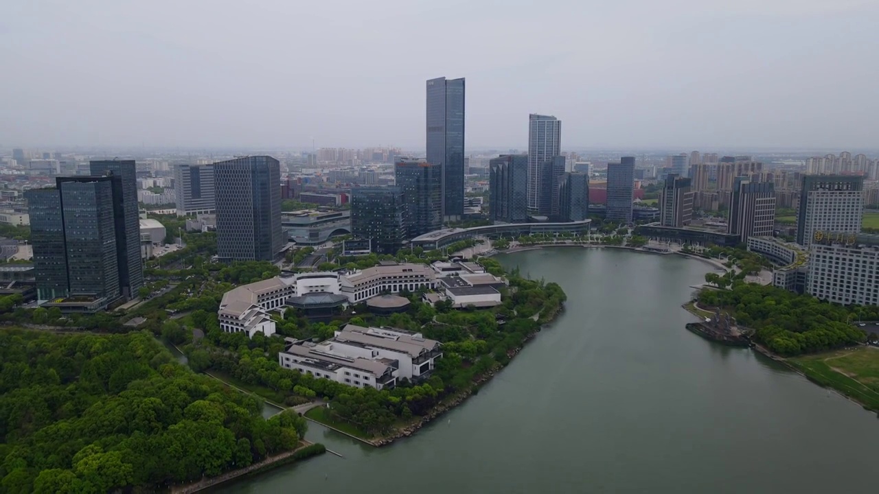 航拍苏州独墅湖现代建筑景观视频素材