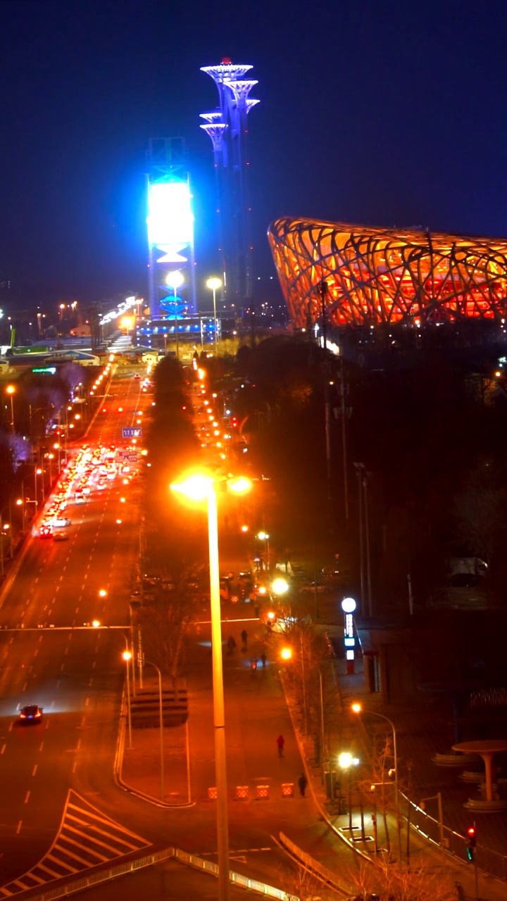 北京奥运塔鸟巢夜景视频素材