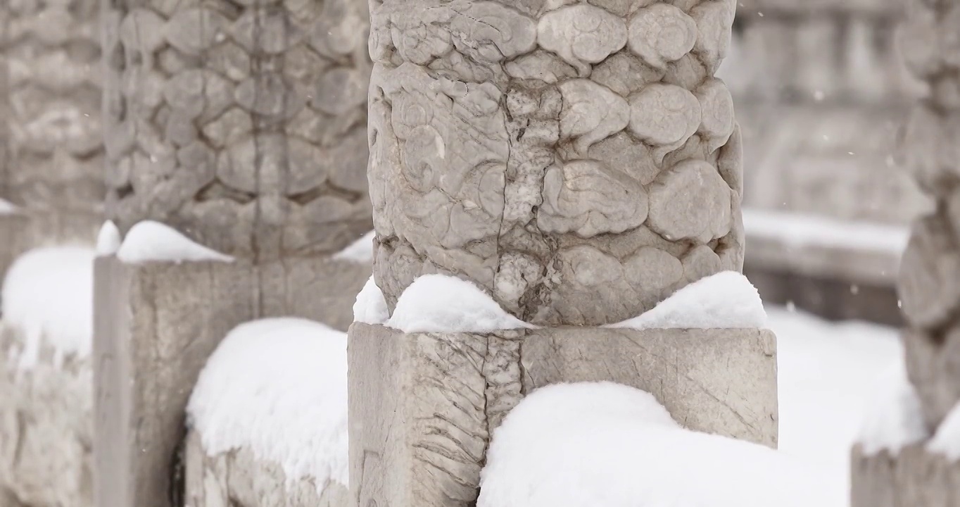 北京故宫雪景，石雕，雕刻，栅栏，雪，雪景，冬天，立冬，二十四节气，白色，龙，大雪，小雪，中国文化视频素材