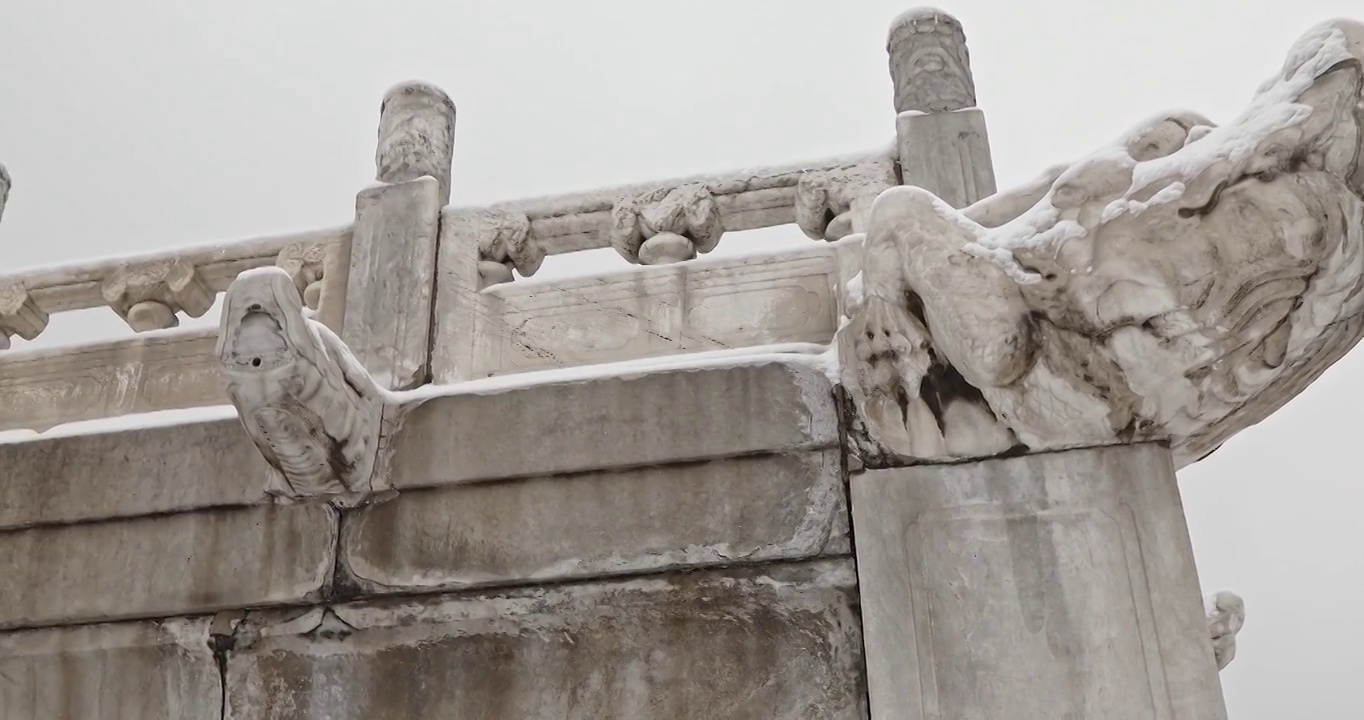 北京故宫雪景，冬天，雪，紫禁城，宫墙，红墙，石雕，栅栏，汉白玉，龙，宫殿，中国文化，建筑结构，冬景视频素材