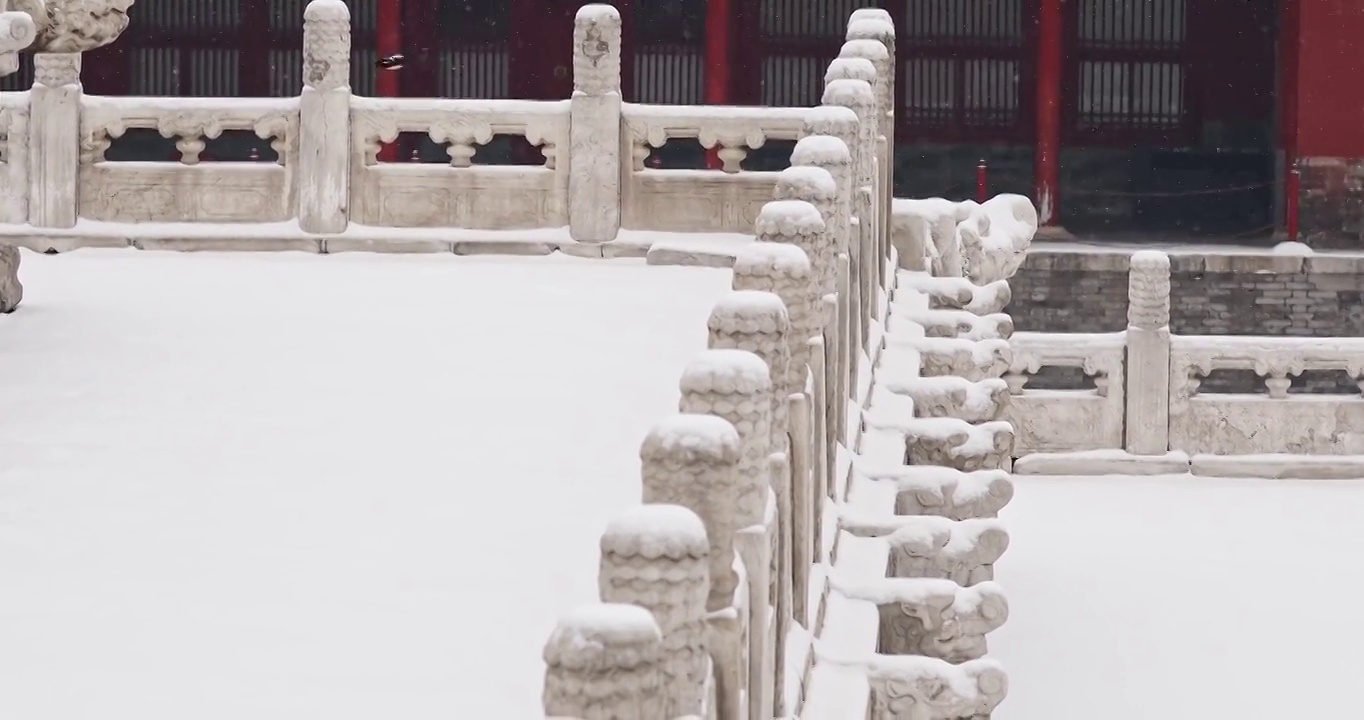 北京故宫雪景，冬天，雪，紫禁城，宫墙，红墙，石雕，栅栏，汉白玉，龙，宫殿，中国文化，建筑结构，冬景视频素材