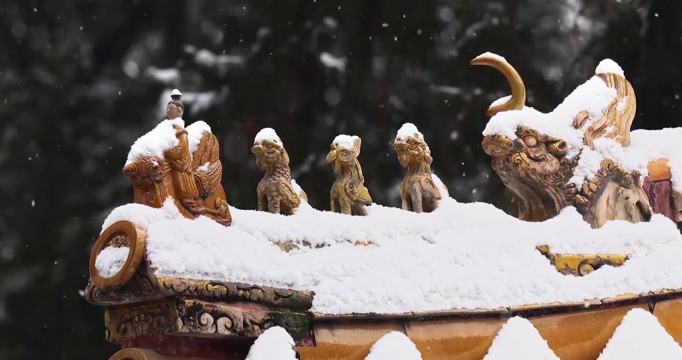 北京故宫雪景，屋脊，特写，中国元素，雪景，冬天，雪，大雪，小雪，立冬，冬至，二十四节气，雕像，中国风视频素材