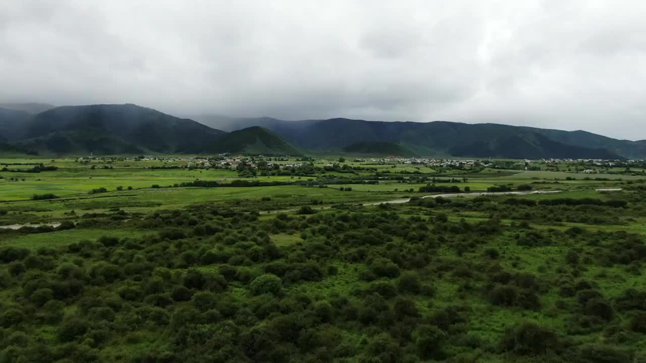 H130659A云南松茸航拍绿草地远山云雾小河小镇709视频素材