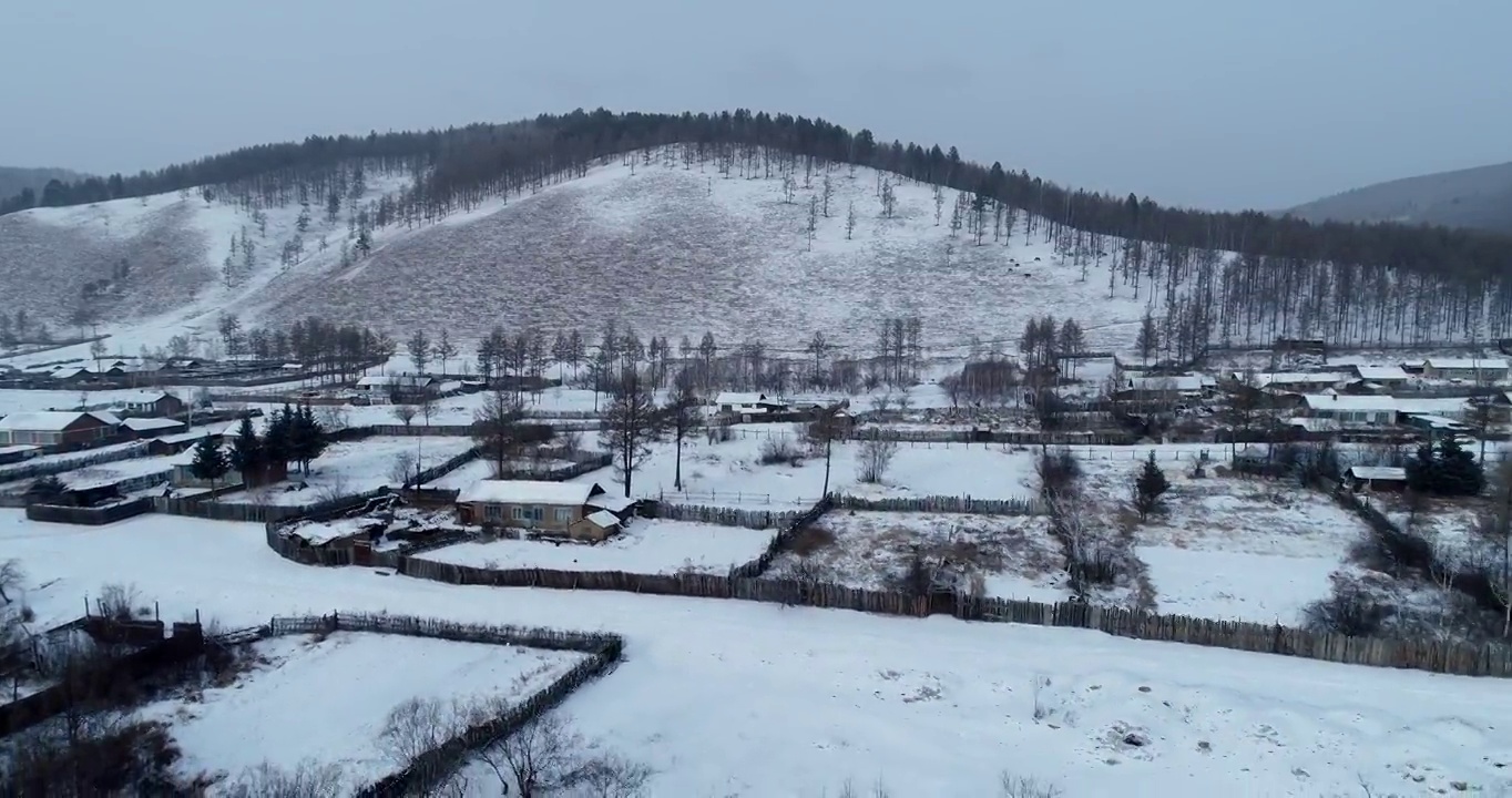 航拍大兴安岭冬季林场山村雪景视频购买