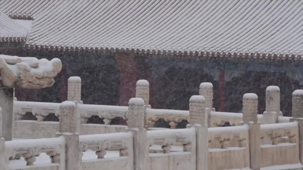 大雪纷飞故宫汉白玉台基雪景视频素材