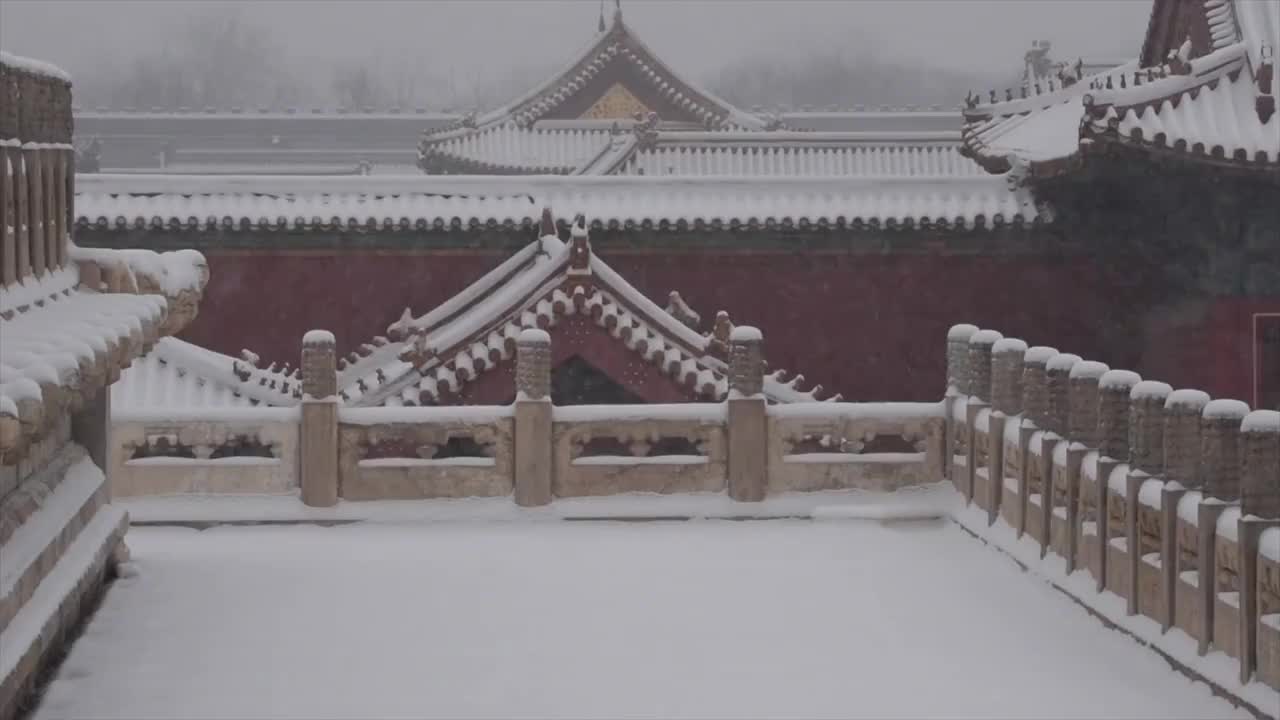 大雪纷飞故宫汉白玉台基雪景视频素材