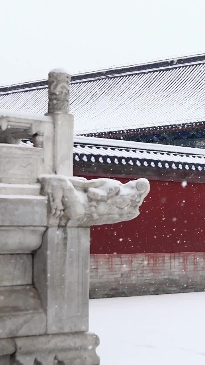 雪中的红墙与古建筑，汉白玉的石雕在雪中，北京天坛公园。视频素材